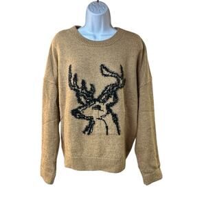 Anthropologie Oh Deer Reindeer Sweater Pullover Antlers Woodland Brown Sz 1X